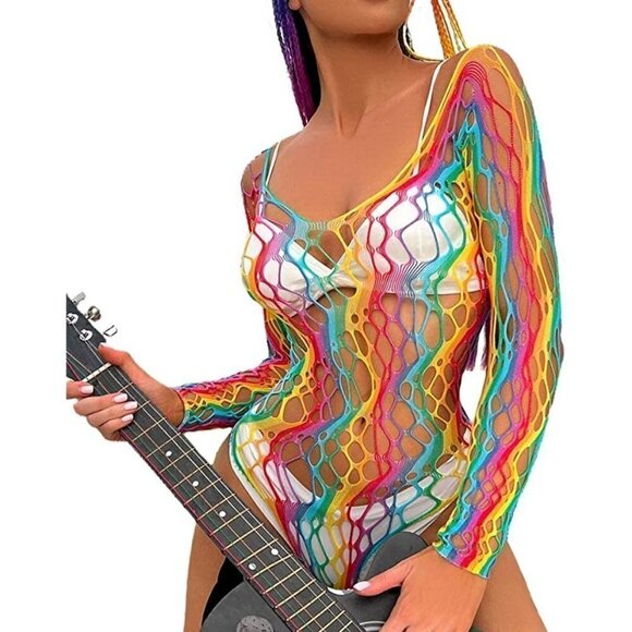 𝅺🌈 Rainbow Fishnet Stockings Mesh Lingerie Bodysuit Party Rave Boho Cosplay NWT - Picture 1 of 5